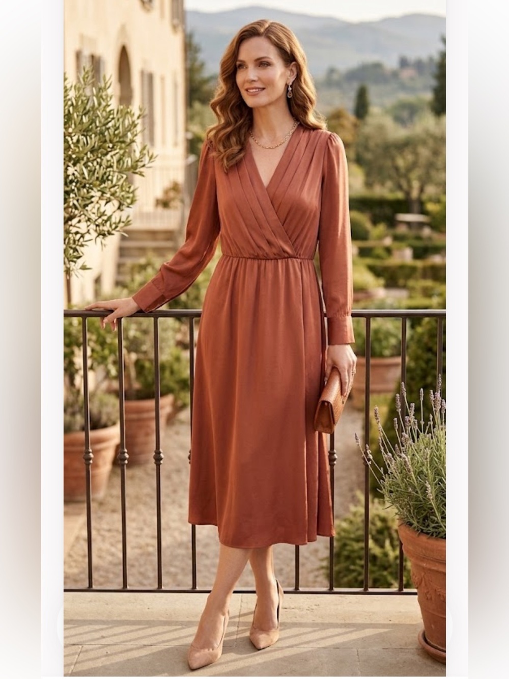Ann Taylor Rust Wrap-Front Long Sleeve Midi Dress
